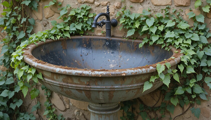 Fototapeta premium Weathered metal sink outdoors with ivy creeping around the edges
