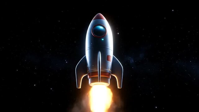 Animated 3D rocket launch with fire and smoke in space.