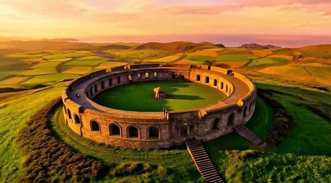 Ancient Ring Fortress in the Sunset: An ancient stone fortress, steeped in history, stands majestically atop a rolling green landscape, its circular design bathed in the warm hues of the setting sun.