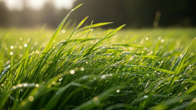 Morning Dew on Fresh Green Grass CloseUp Nature Landscape Photography