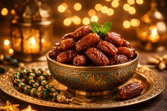 Fresh organic dates in a ceramic bowl