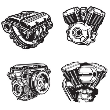 Detailed car and motorcycle engine vector illustrations, Boxer and V-Twin motor icons.