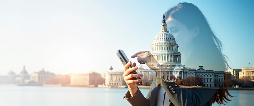 Young professional checks smartphone against Capitol backdrop, sunlight glinting, camera gently pans right; cinematic style emphasizes work-life balance, technology, and urban landscapes.