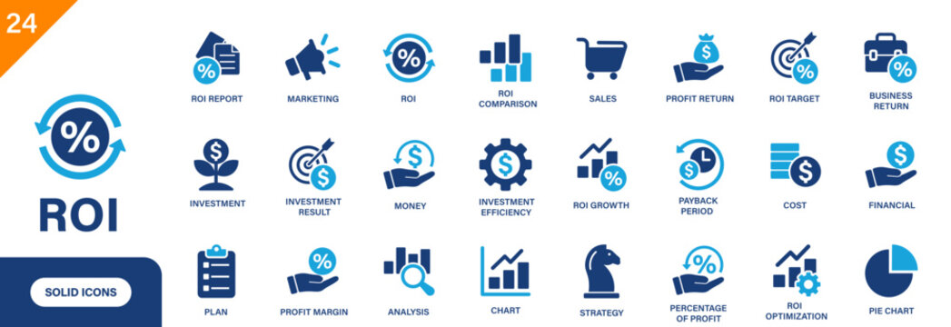 ROI icon. Containing investment, marketing, payback period, financial. Solid vector icon set.