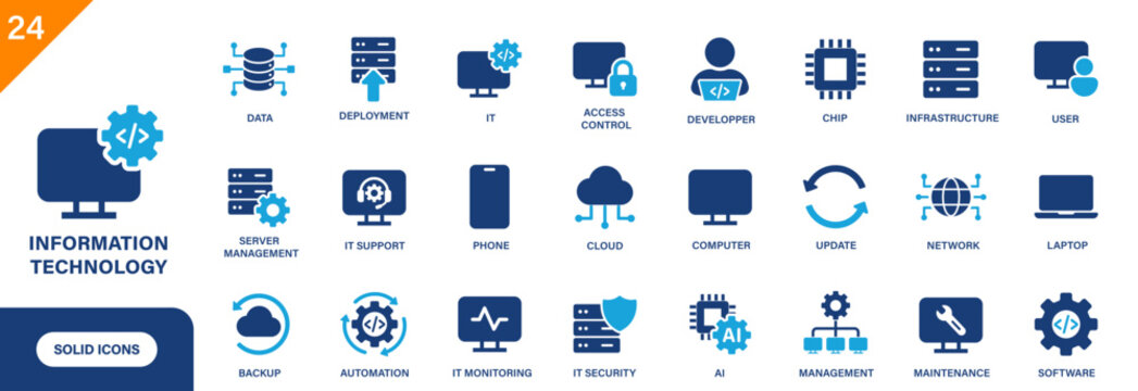 IT icon. Containing infrastructure, server, cloud, developer, IT support, software. Solid vector icon set.