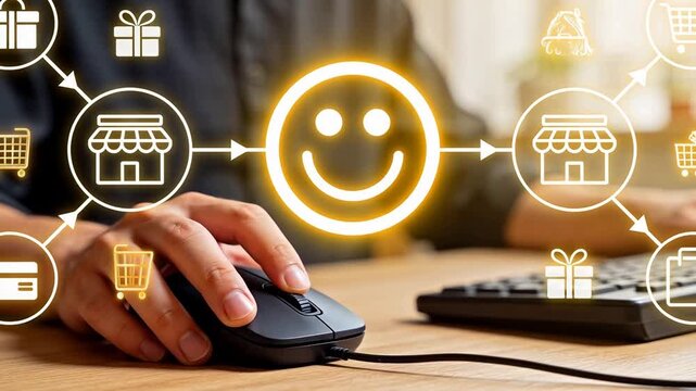 Person using computer mouse with online shopping icons