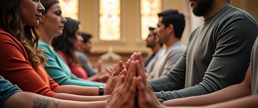 A group of diverse individuals engage in a touching unity exercise, their hands meeting in focus, as the camera gently pans across a serene church interior with ambient light flickering, cinematic sty