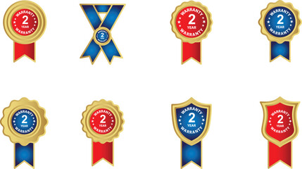A collection of eight warranty badges and ribbons with numbers and colors.