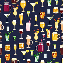 Vector Seamless Pattern of Cartoon Cocktails