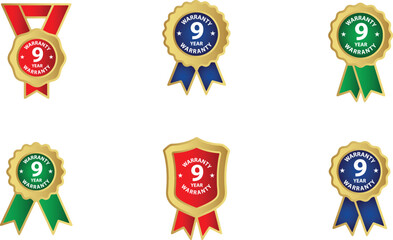 A collection of six warranty badges with the number 9 on a white background.