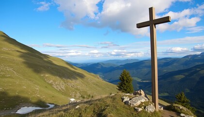 A large wooden cross stands atop a mountain with a breathtaking view of rolling hills and blue sky