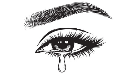Fototapeta premium A black and white illustration of a crying eye with a teardrop falling from the corner, long eyelashes and a thick eyebrow on a Transparent Background.