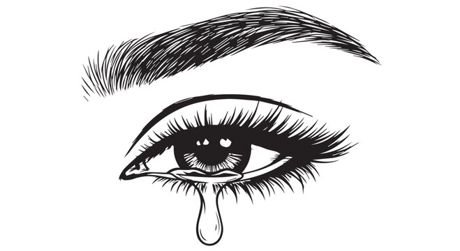 A black and white illustration of a crying eye with a teardrop falling from the corner, long eyelashes and a thick eyebrow on a Transparent Background.