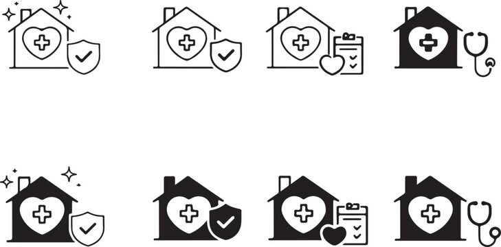 Various house icons with different symbols representing safety and security. isolated on white background, illustration
