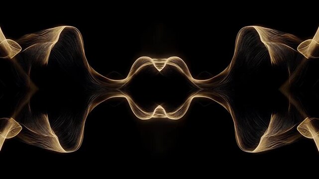 Symmetric abstract image with curving lines and reflections on black background. Lines have a glowing gold effect. The image creates a sense of depth and fluidity