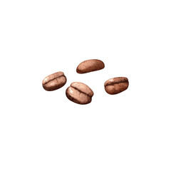 Roasted brown coffee beans isolated on white background. Watercolor handmade illustration for the design and decoration of cafes, restaurants and cafeterias.