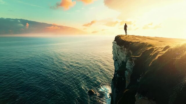 Person standing on cliff overlooking ocean at sunrise