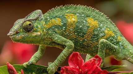 Obraz premium Chameleon resting on a green leaf with bright yellow and red colors