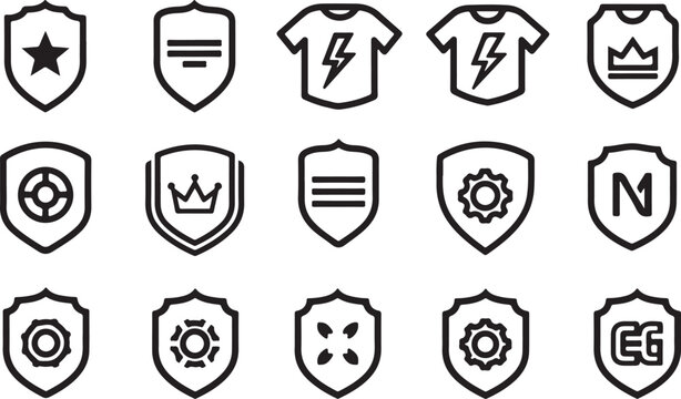 Collection of diverse shield icons with various symbols and designs isolated on white background, illustration
