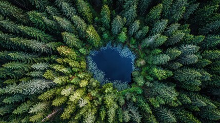 Aerial View of Forest with Circular Dark Blue Lake Surrounded by Dense Green Trees in Overhead Shot with Vibrant Lighting