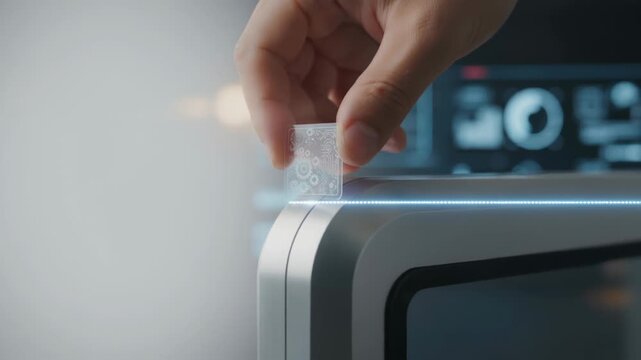 Ai programming coding technology developer hand inserts microchip into modern computer case edge futuristic hand holding transparent microchip over