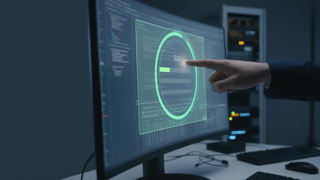 Ai developer programming coding technology dashboard interface curved monitor finger touch progress bar futuristic office data analytics monitor
