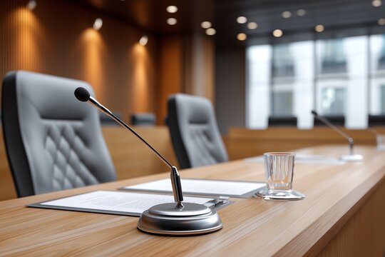 Contemporary courtroom during a court session, microphones and documents visible, professional legal setting