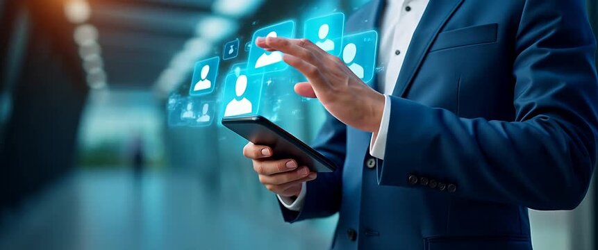 Business professional interacts with floating digital network icons on smartphone as camera slowly pans, capturing dynamic office background in a cinematic, high-tech style.