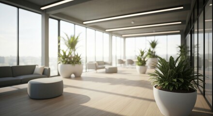 Naklejka premium Contemporary Office Space with Natural Light, Indoor Plants, and Minimalist Furniture for Serenity