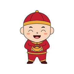 cute chinese boy mascot character wearing red traditional costume holding gold sycee