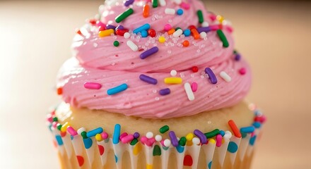 Delicious cupcake with pink frosting and colorful sprinkles.