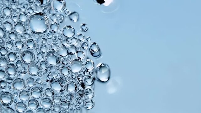 A close-up view presents numerous water bubbles clustered on the left against a gradient of gray-blue. Reflections and refractions are evident