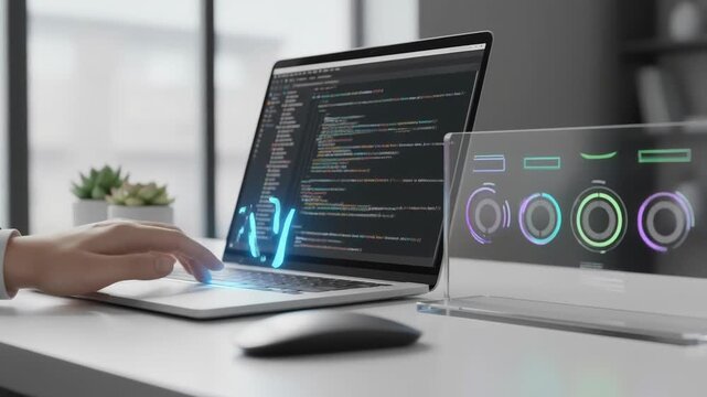 Ai developer programming coding technology dashboard interface glows laptop computer screen workspace with neon code and modern office creative focus