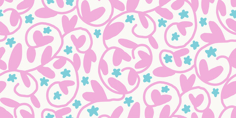 Hand drawn whimsical floral illustration featuring pink abstract flowers arranged in a repeating pattern, creating a soft and playful decorative background.