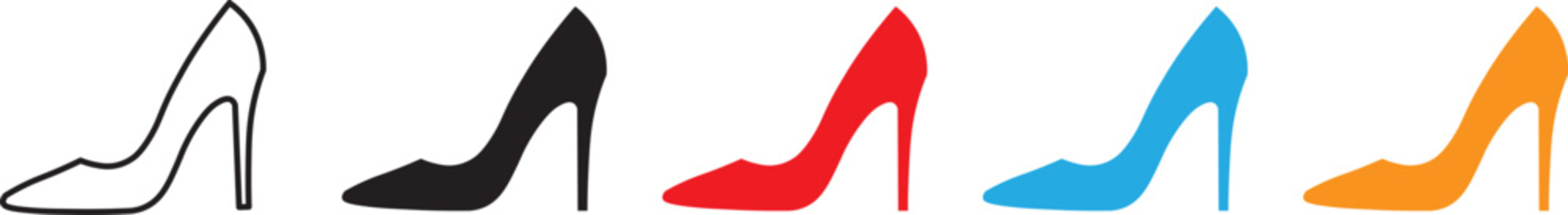 Women's high heels shoe silhouette outline vector black and white icon isolated illustration. high heel shoes icon in outlined high heel shoes, representing fashion, elegance. with various styles and 