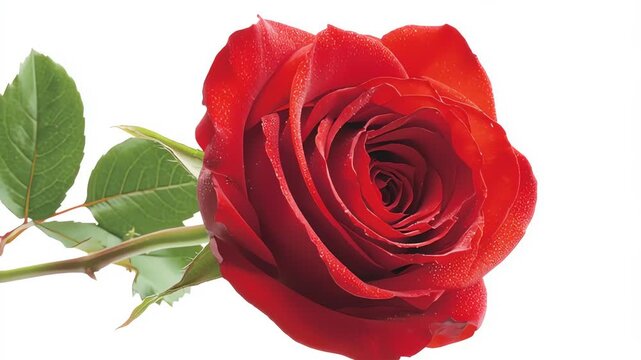 Red rose on stem isolated on white background close-up studio shot