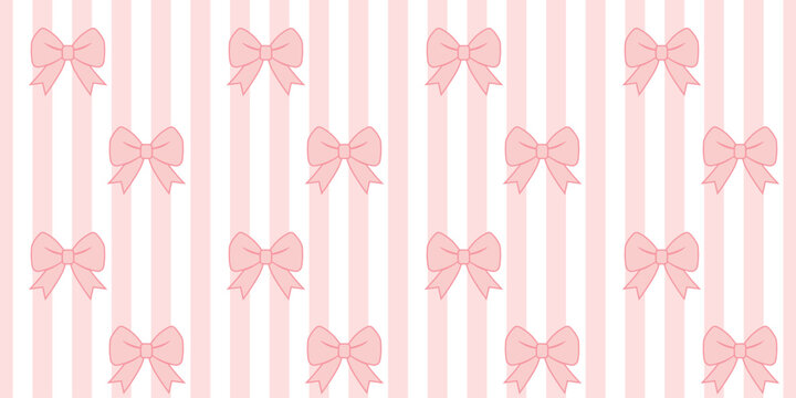 Seamless pattern of pink bows on vertical light pink and white stripes. Elegant decorative design ideal for wallpaper, fabric, gift wrap, feminine themes, and creative stock photography projects.