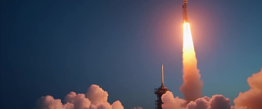 Rocket launches into a clear sky, emitting powerful flames and smoke, as the camera slowly pans to capture the dramatic ascent; cinematic, awe-inspiring, space exploration.
