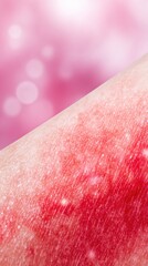 Close-up of reddish skin texture showing an inflamed patch, visible pores, and a soft pink bokeh backdrop. art