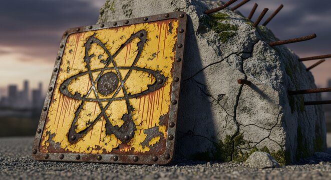 Caution Radiation Hazard Symbol On Concrete Surface In Post Apocalyptic World