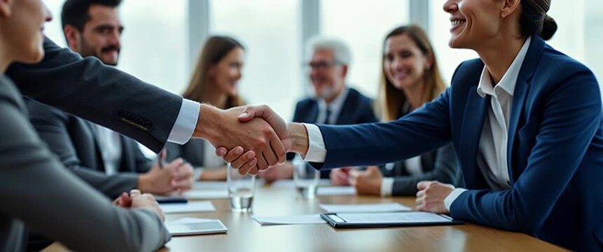 Business professionals shake hands in a modern office, symbolizing successful partnerships, as the camera slowly pans, capturing natural light streaming through large windows in a cinematic style.