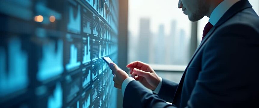 Business professional analyzes data on a futuristic digital interface, with a dynamic, cinematic camera pan highlighting technology and innovation in an immersive office environment.