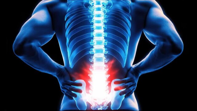 Abstract human body with visible spinal structure experiencing sharp lower back discomfort, clutching the painful zone, highlighting nerve inflammation and anatomical distress.