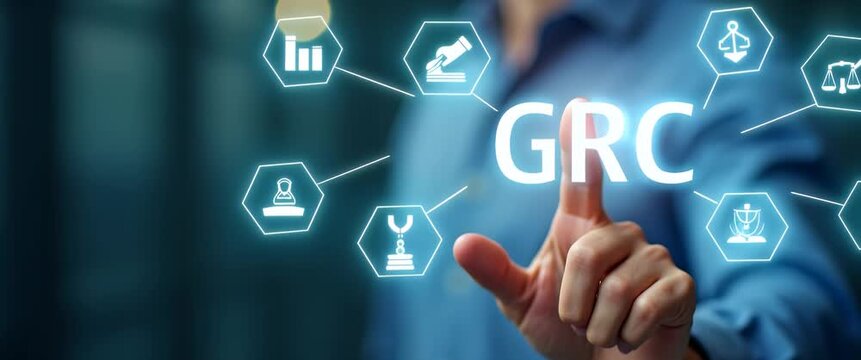 Business professional interacts with futuristic GRC interface, finger tapping icons as camera smoothly tracks sideways, ambient office lights flicker, creating a dynamic, cinematic feel.