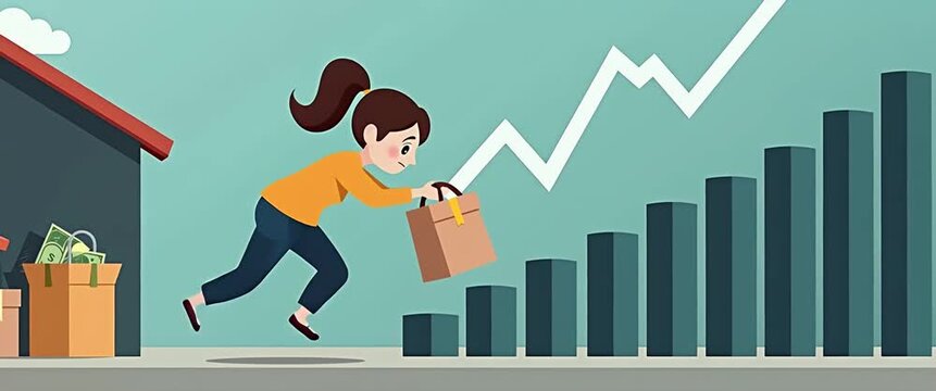 Animated woman rushes with shopping bag as economic growth chart rises, camera pans gently, creating a dynamic, upbeat commercial scene with vibrant, illustrative style.
