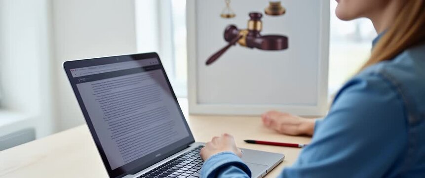 Professional woman working on laptop in modern office, gently typing and contemplating legal documents; camera slowly pans across minimalist workspace; cinematic, focused ambiance.