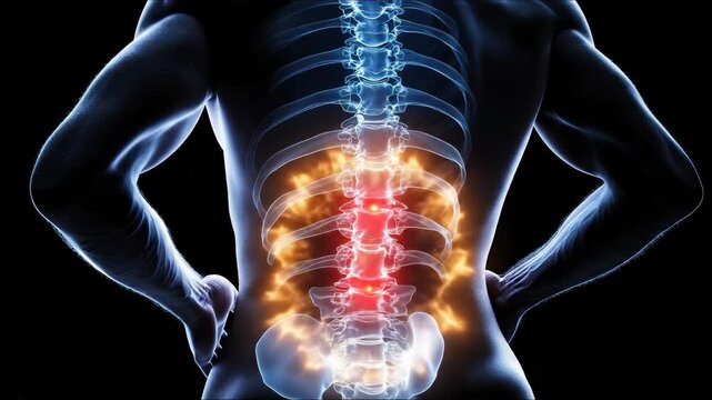 Visualizing human back pain, with clear emphasis on the sensitive spinal cord and glowing nerves. A transparent body shows discomfort and inflamed vertebrae, indicating a problem area.