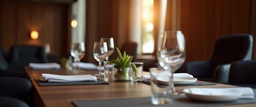 Elegant dining room with soft ambient lighting, featuring gently swaying plants and a slow panning camera, capturing the serene atmosphere in a cinematic and inviting style.