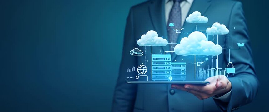 Business professional in a suit holds a digital tablet with animated cloud computing graphics, as the camera slowly pans, creating a cinematic look highlighting technology innovation.