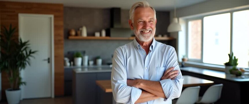 Elderly man confidently stands in modern kitchen, smiling warmly; camera slowly pans as sunlight gently filters through windows, creating a serene, cinematic ambiance.